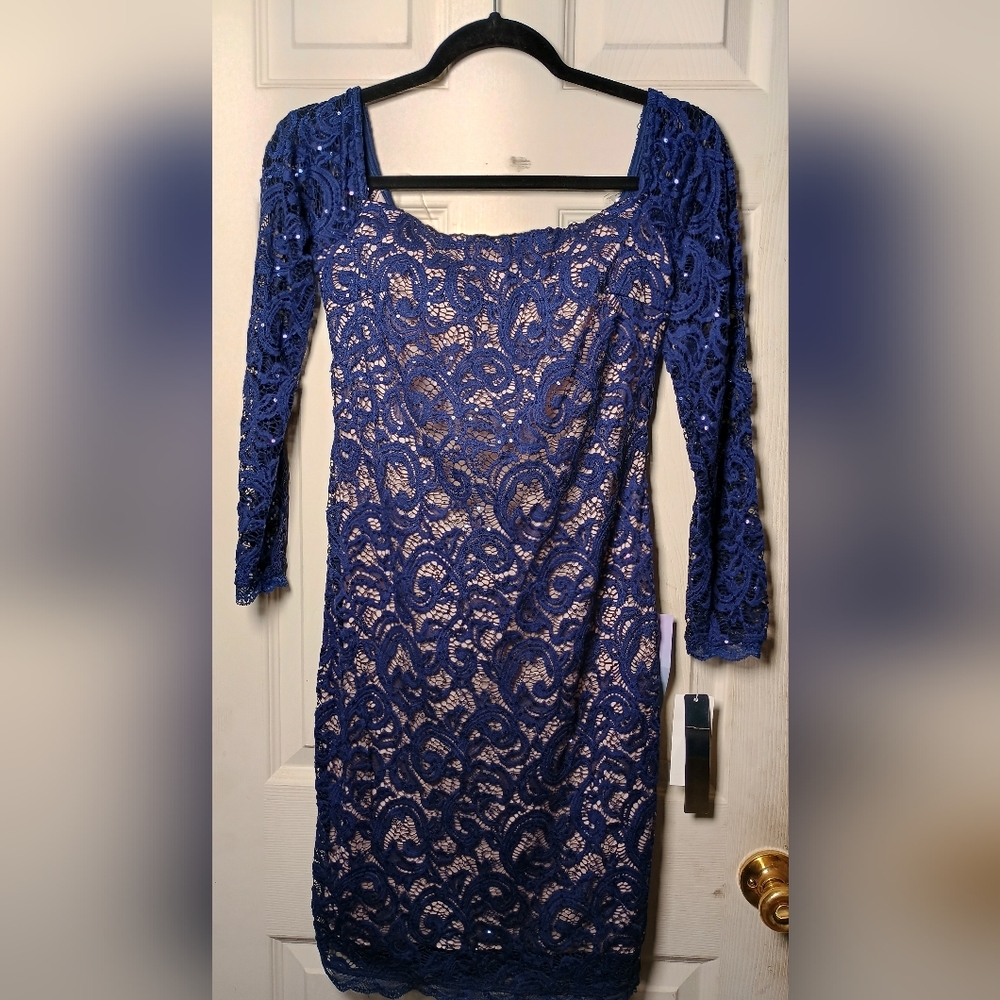 Sequin Hearts Off-Shoulder Blue Lace Sleeve Dress